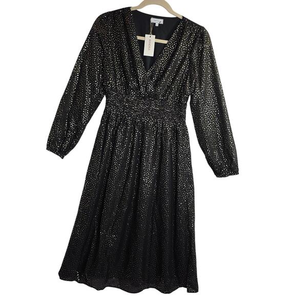 RIHOAS Black Gold Metallic Long Sleeve V Neck Midi Dress XL - Picture 1 of 16